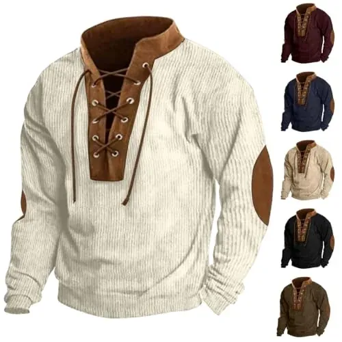 Corduroy Lace-Up Color Block Pullover Sweatshirt