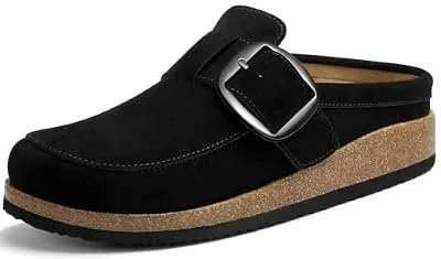 KIDMI Women's Vegan Leather Slip On Clogs with Big Buckle