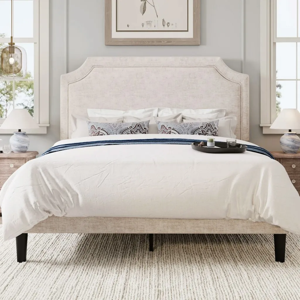 Latitude Run Modern Chenille Upholstered Platform Bed Frame w/ Adjustable Headboard