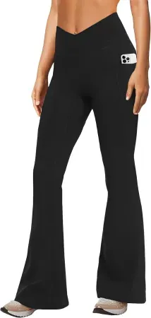 DLOODA Women's Crossover Flare Yoga Pants w/ Pockets