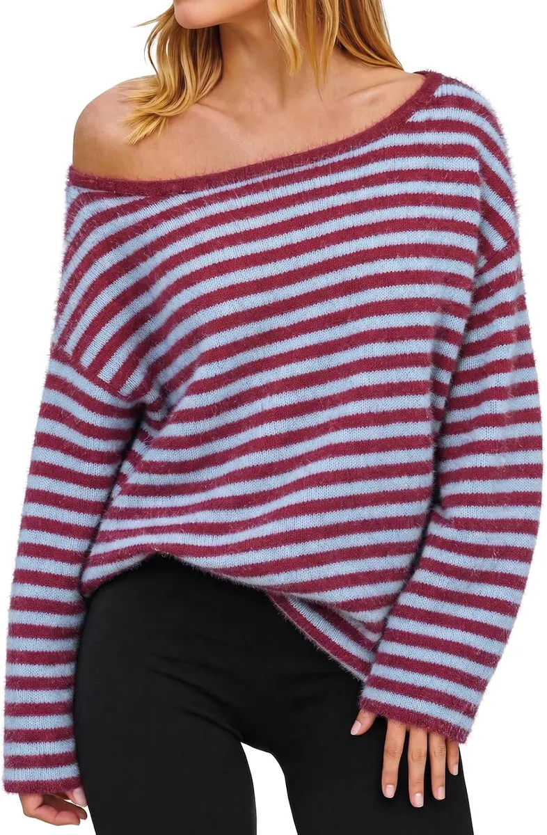 FISOEW Off-the-Shoulder Striped Sweater