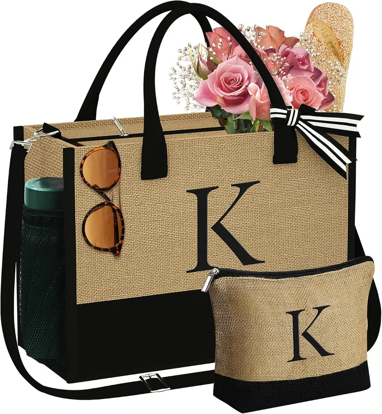 Personalized Initial Jute Canvas Tote