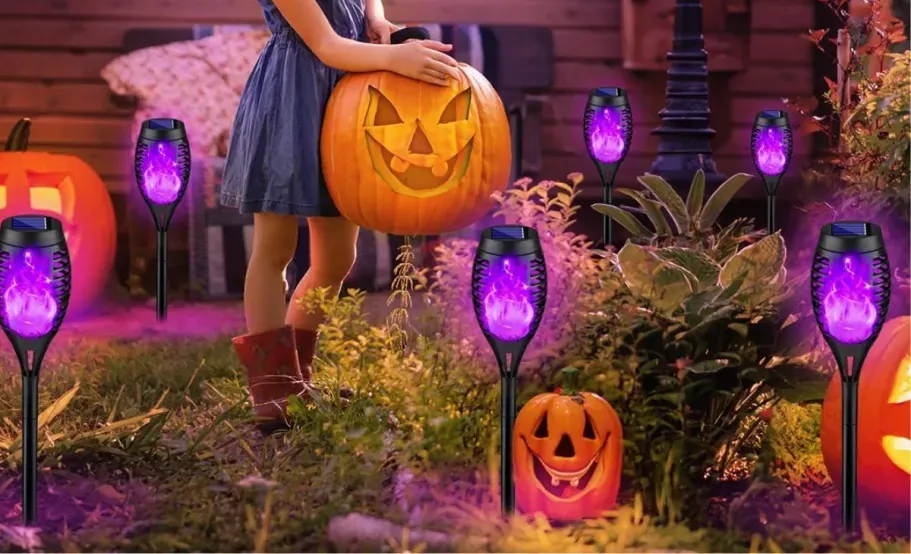 Purple Flame Solar Halloween Lights 6-Pack