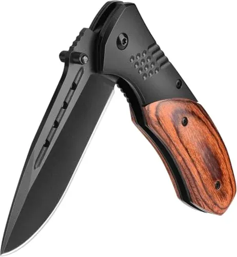Pocket Knife for Men, Wood Handle, Black Liner Lock