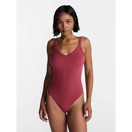 No Boundaries Women's Seamless V-Neck Bodysuit (Black or Mauve)