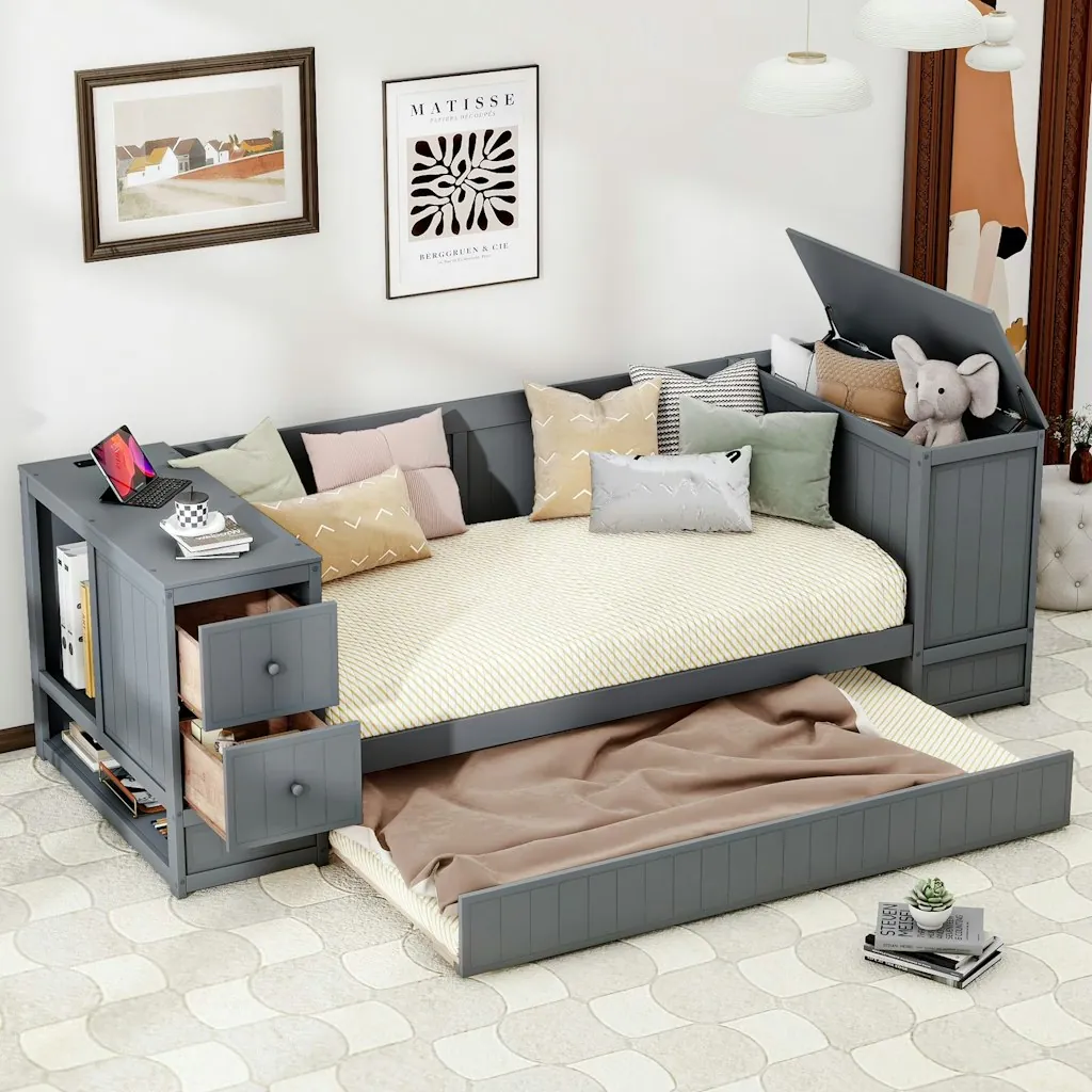 Euroco Wood Twin Size Daybed w/ Trundle & Storage Cabinets