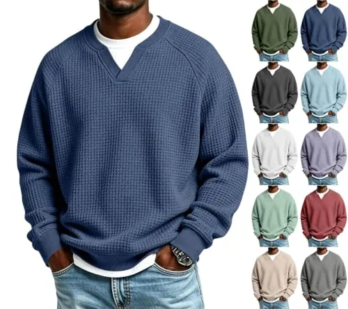 Men's Waffle Knit Shirt Long Sleeve Pullover
