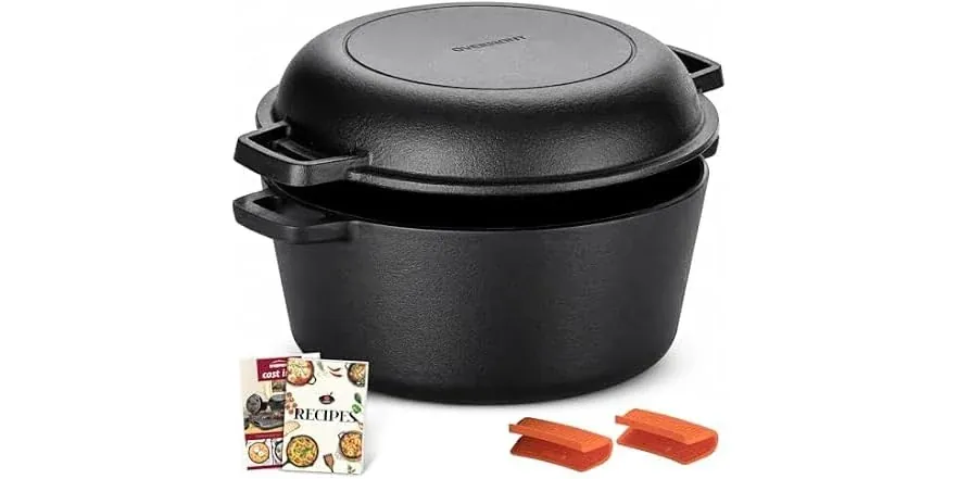 Overmont 5-Quart Pre-Seasoned Cast Iron Double Dutch Oven with Skillet Lid