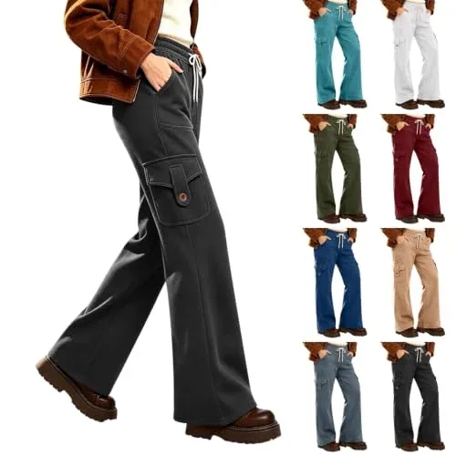 Women Fleece Lined Cargo Pants Wide Leg Flare Sweatpants