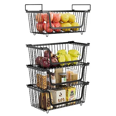 4-Pack XILIDIA Stackable Wired Metal Pantry Organizer Baskets (Black)