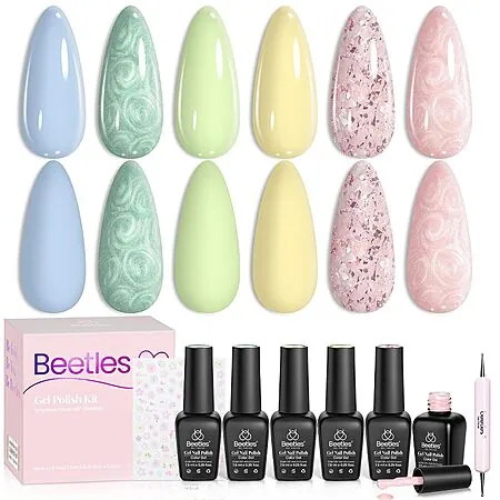 Prime: Beetles 6-ct Glitter Gel Nail Polish Set w/ Foil Flake, & Flower Stickers