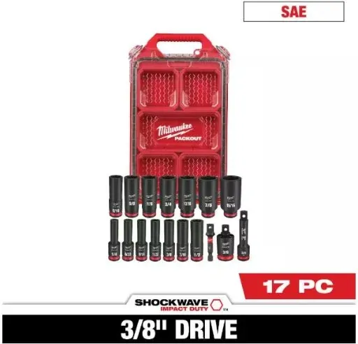 Milwaukee SHOCKWAVE Impact-Duty 3/8 in. Drive SAE Deep Well Impact PACKOUT Socket Set (17-Piece)