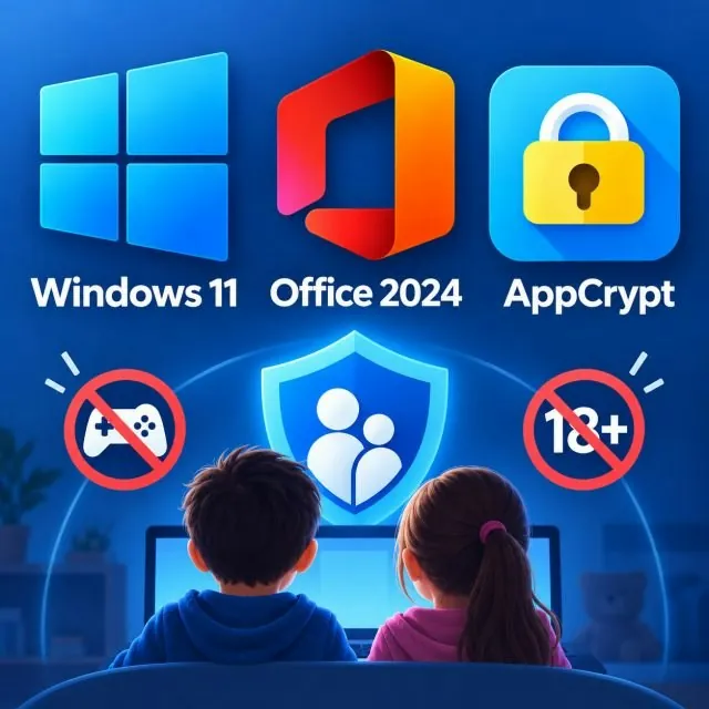 Kid-Ready PC Bundle: Windows 11 Pro + Office 2024 Pro + AppCrypt