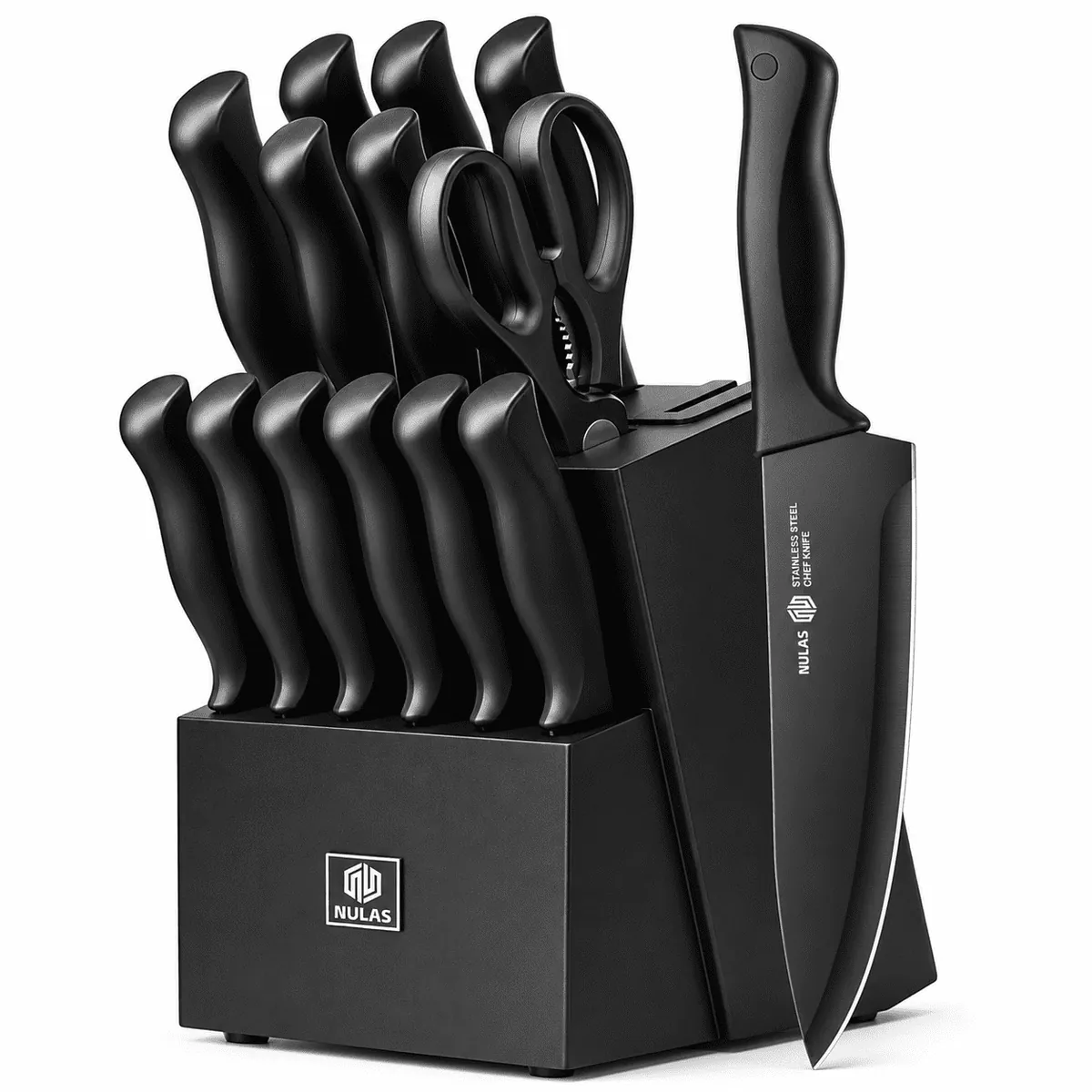 NULAS Knife Set, 15-Piece Kitchen Knife Set with Block, Self-Sharpening, Dishwasher Safe Knives & Anti-Slip Handles (Black)