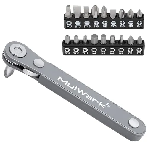 Mulwark 20-Piece 1/4" Drive Right Angle Mini Ratchet Screwdriver & Hex Bit Set