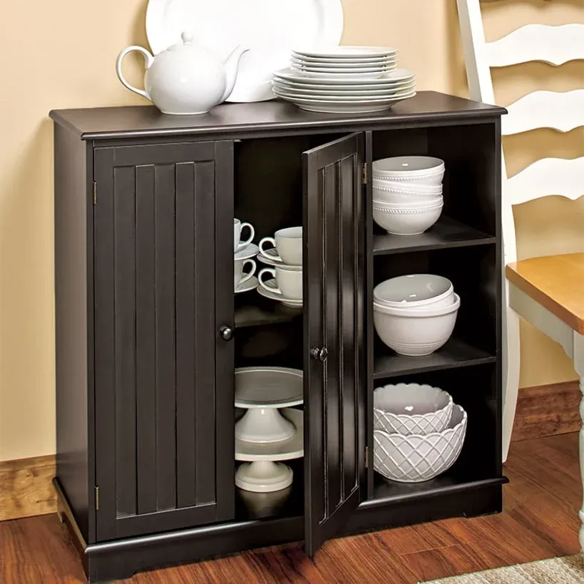 Beadboard Storage Cabinet with 3 Shelves and Cupboard