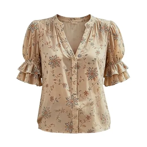 Floral Puff Ruffle Button Down Shirt