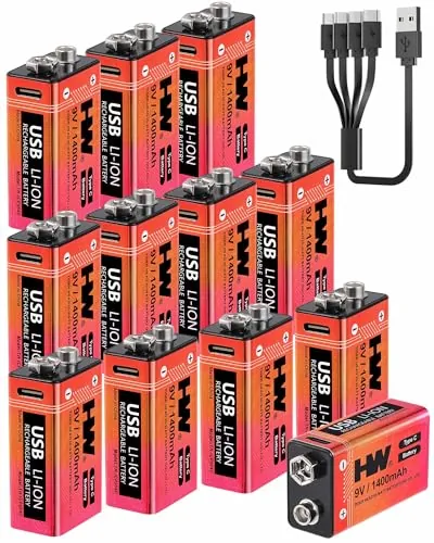 HW 9 Volt 12-Pack USB-C Lithium Rechargeable Batteries