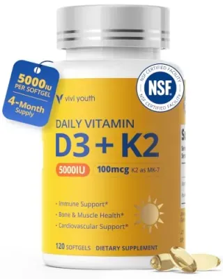 120-Count VIVI Youth Vitamin D3 K2 5000 IU Softgel Tablets with MK-7