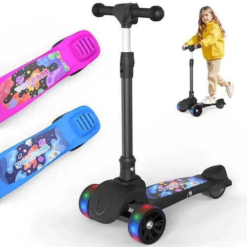 VOLPAM 3-Wheel Kids Electric Scooter with Adjustable Handlebar & LED Wheels (Black)