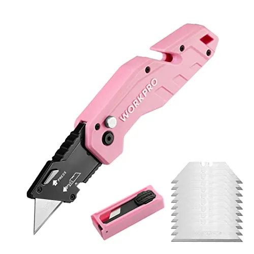 WORKPRO Folding Utility Knife w/ 10 Extra Blades (Pink)