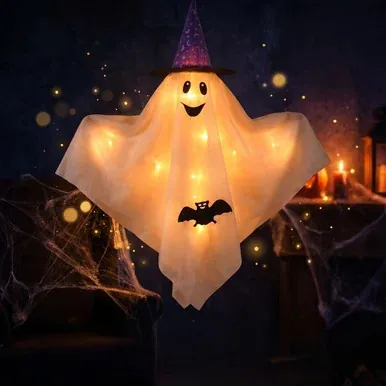Hanging Lighted Ghost with Wizard Hat