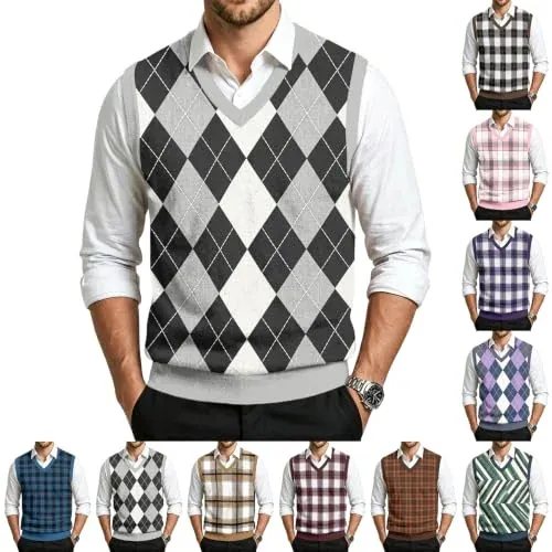 V Neck Plaid Knit Lightweight Pullover Sweater