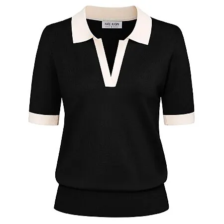 Kate Kasin Women's Short Sleeve V-Neck Collared Knit Polo Sweater (Black/White)