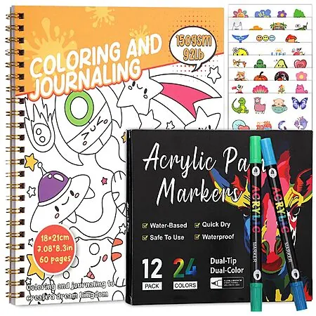 60-Page 7" x 8.3" Prudiuut Coloring Book w/ 12 Markers (Dinosaurs or Aliens)