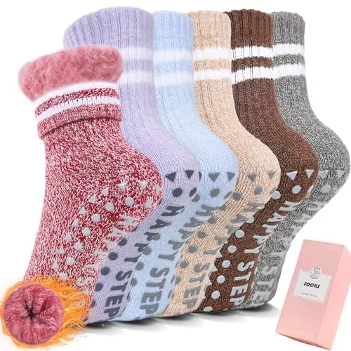 HUGSWEET Kids' Fuzzy Slipper Socks 6-Pairs (6-12 Years, Multicolor)