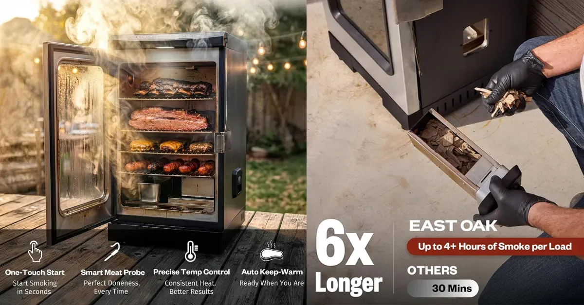 The newer silver East Oak 30-inch electric smoker with a built-in meat probe can be yours
