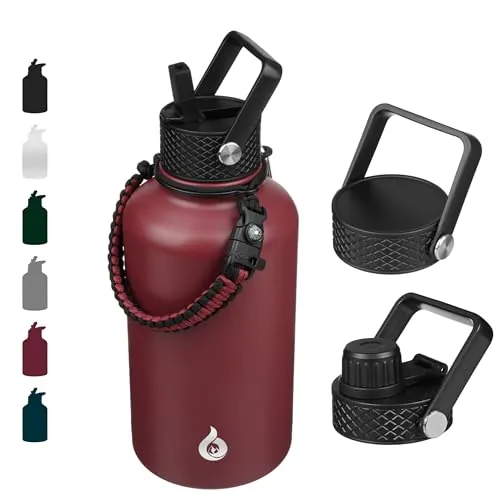 BJPKPK Half Gallon Insulated Water Bottles Lid, 64oz Large Water Jug, Stainless Steel Bottles with 3 Lids and Paracord Handle, Thermo for Hot & Cold Liquid, Brick Red