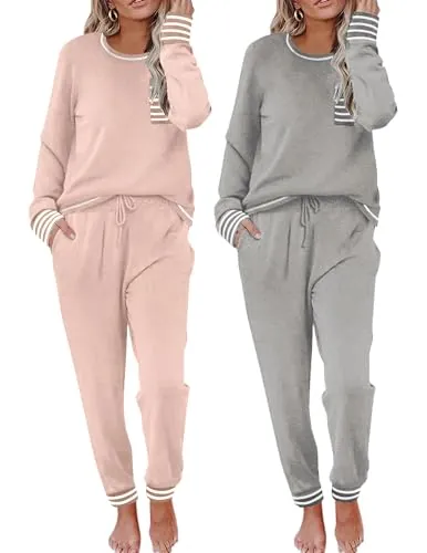 Ekouaer Womens Pajama Sets 2 Pack Long Sleeve Lounge Sets Pink & Grey Small