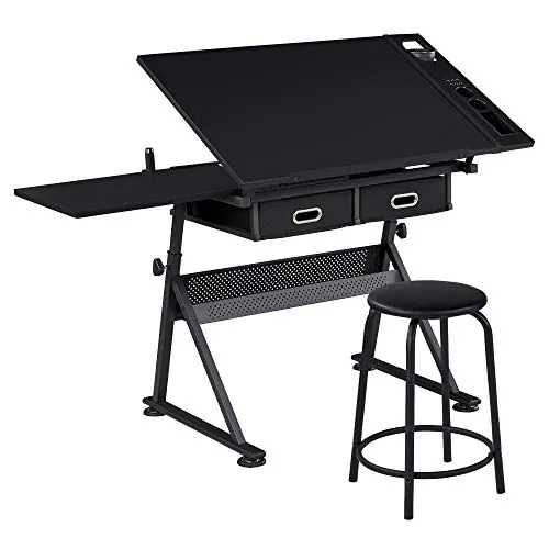 Yaheetech Adjustable Drafting Table Art Desk with Storage Drawers & Stool