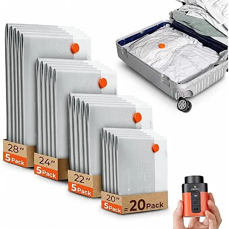 20-Pk ETENWOLF Vacuum Storage Bags for Travel w/ Wireless Pump (4 Sizes)