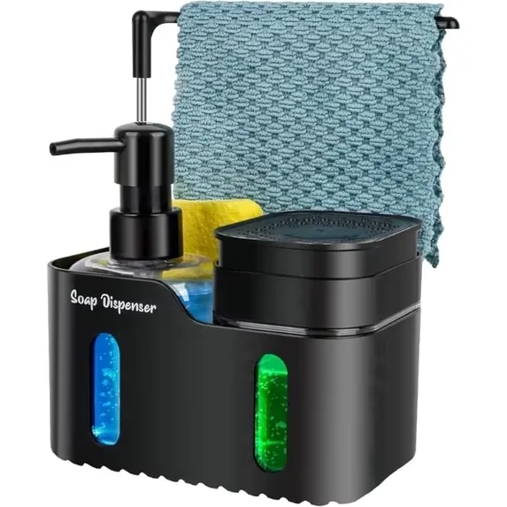 Hand Soap and Dish Soap Dispenser Set for Kitchen 4-in-1 Organizer (Black)