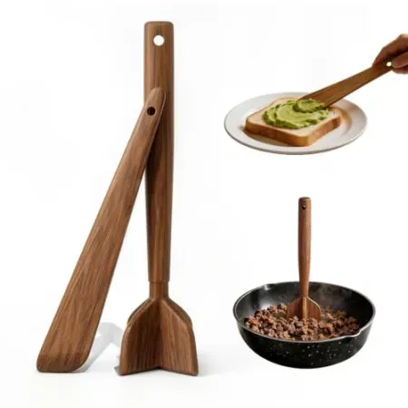 2-Piece Teak Wood Ground Beef Masher and Spatula Set