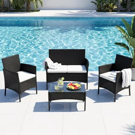 4-Piece Ktaxon Outdoor PE Rattan Conversation Set w/ Glass Coffee Table