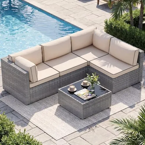 Shintenchi 5 Piece Outdoor Patio Furniture Set with Silver PE Rattan, Khaki