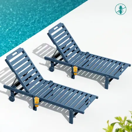 Set of 2 SERWALL Outdoor Chaise Lounge w/ Rolling Wheels & Cup Holder