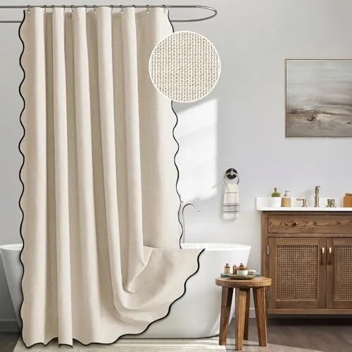 MIULEE Beige Scalloped Shower Curtain with 12 Metal Hooks