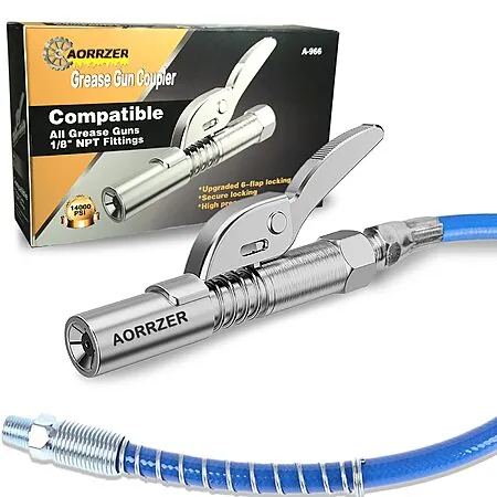 AORRZER 12,000 PSI 6-Jaw Locking Grease Gun Coupler w/ 12" Spring Flex Hose