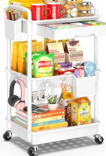SUNALLY 3-Tier Rolling Craft Storage Cart with Drawer, White