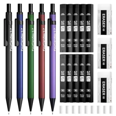 19-Count Four Candies 0.7mm Metal Mechanical Pencils w/ #2 Pencil Leads 0.7 Eraser Set & Refills