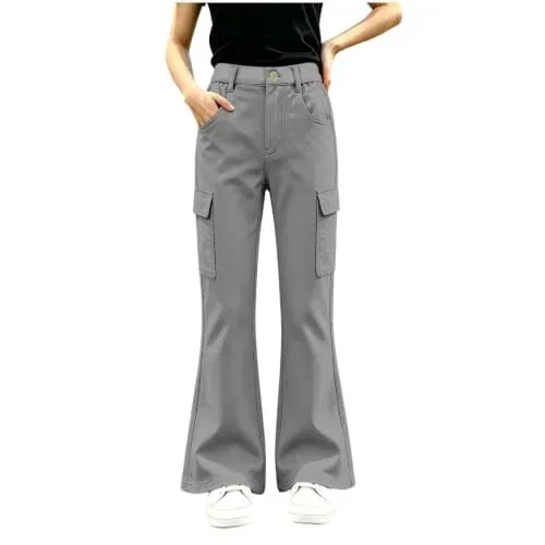 Girls Flared Cargo Pants School Uniform Bell Bottoms