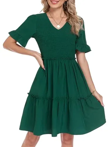 Lyrur Women’s Casual Smocked V Neck Ruffle Sleeve Tiered Knee Length Babydoll Dress w/ Pockets