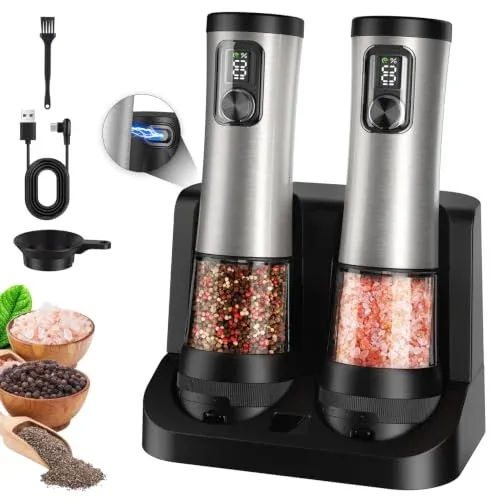 Flelano Rechargeable Electric Salt & Pepper Grinder Set w/ Charging Base