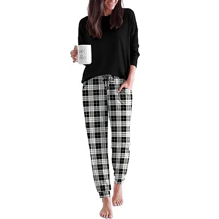 2-Pc Ekouaer Women's Long Sleeve Shirt & Pants Pajamas Lounge Set