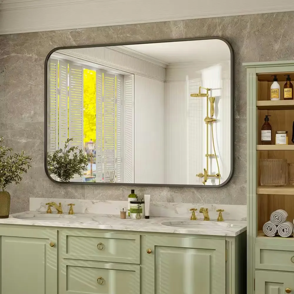 Rectangular Aluminum Alloy Framed Rounded Wall Mirror