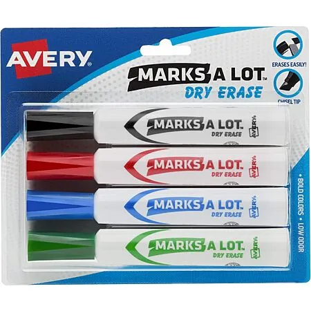 4-Pk Avery Marks A Lot Dry Erase Markers w/ Chisel Tip (Bold Colors)